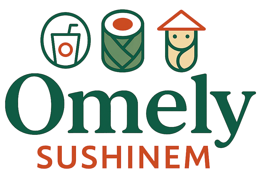 Logo moderne Omley Sushinem Castelnau-le-Lez avec icônes boisson et maki vert et orange,