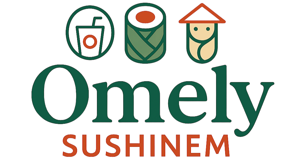 Logo Omley Sushinem à Castelnau-le-Lez avec icônes de verre et sushis sur fond noir élégant